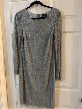 Adrianna Papell Silver Beaded Long-Sleeve Sheath Dress